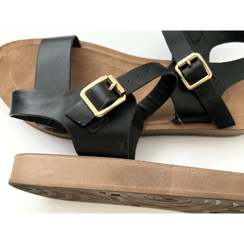 Bamboo Womens Classic Sandals Black/Brown Strappy Size 8 Flat Minimalist Modern